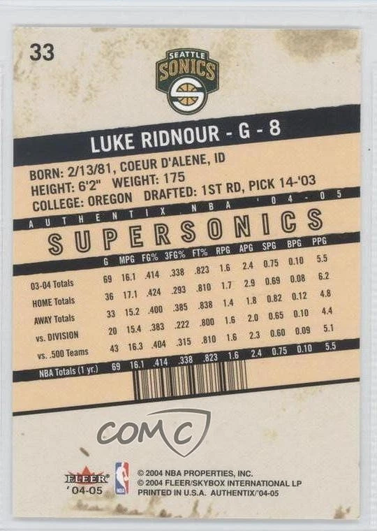 2004-05 Fleer Authentix Luke Ridnour #33 - Image 2 of 2