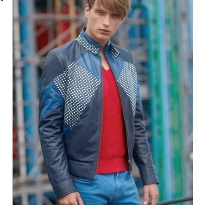 Barnabe Hardy Blue Patchwork Origami Biker Leather Jacket 48 M F1 Balenciaga