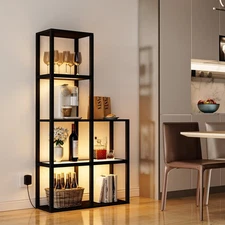 Display Shelf with LED Light Standing Floor Lamp with Glass Storage Shelves f...