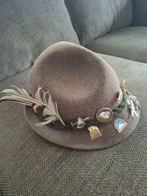 German Brown Wool Felt Alpine Hat With Hiking Climbing Pins 