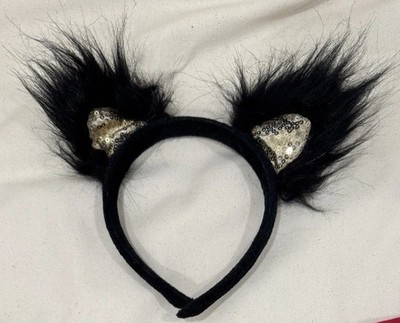 Black Furry Cat Ears Headband with Gold Sequin Detail Costume Accessory