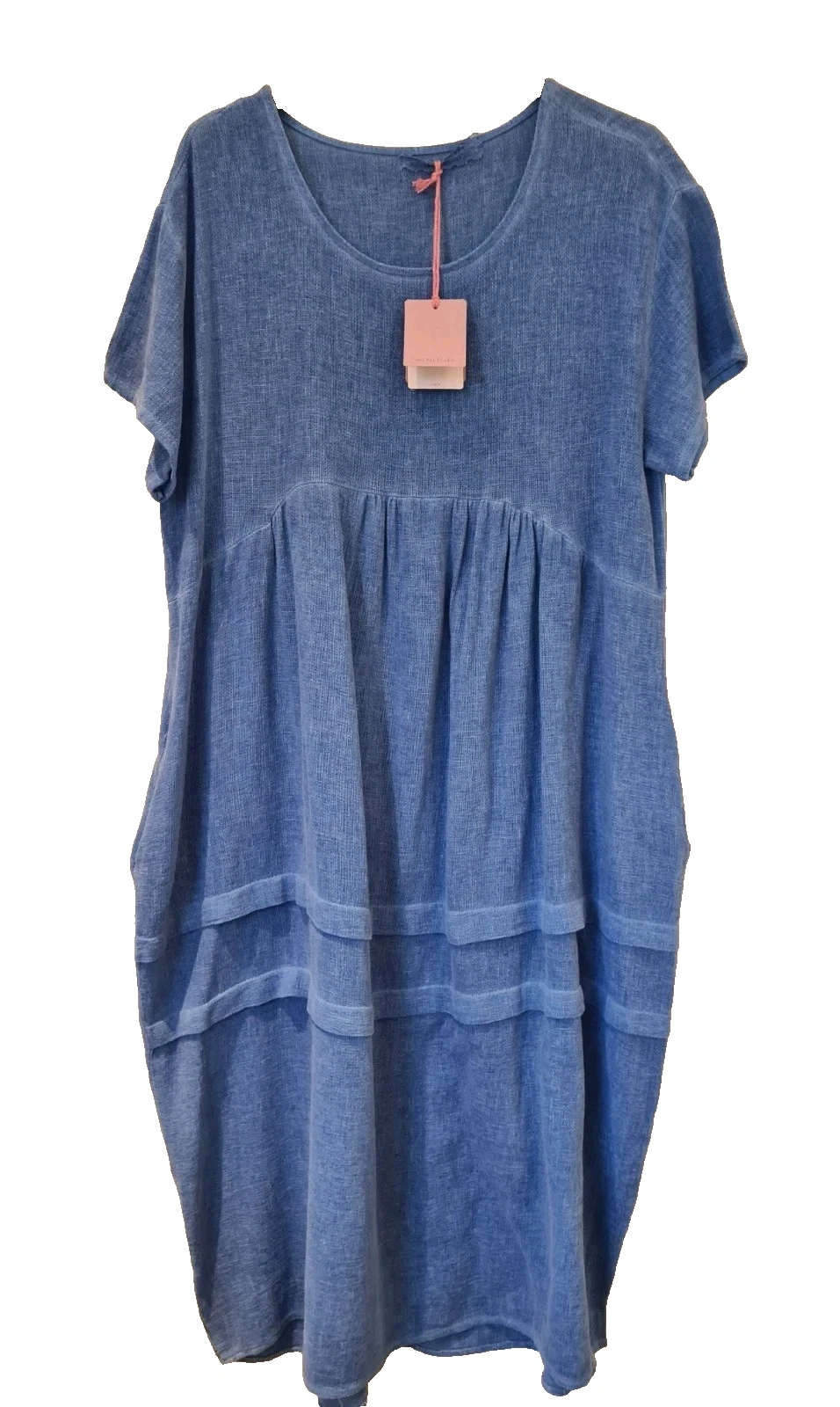 Italian Lagenlook Washed Linen Dress Round Neck Pockets Blue One Size 10-16 New