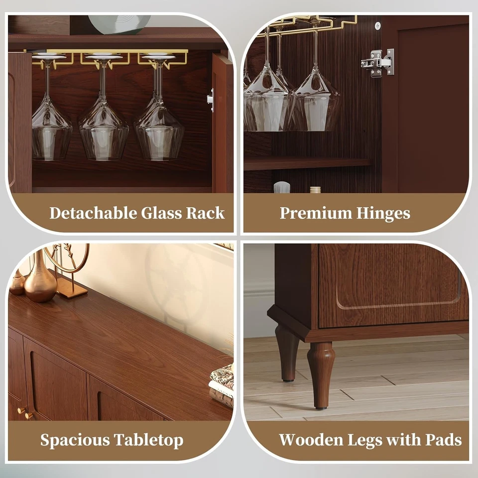 Mid-Century Sideboard Drinks Cabinet with Wine Glass Rack Storage Brown Wood - Image 3 of 4