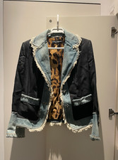 Dolce & Gabbana Denim Trim Blazer Jacket Leopard Lined Frayed Detail IT 40 UK 8