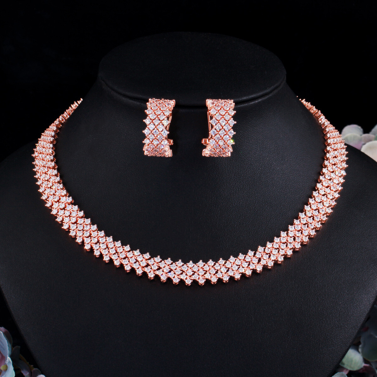 585 Rose Gold Plated CZ Women Choker Round Tennis Necklace Earrings Jewelry  Set