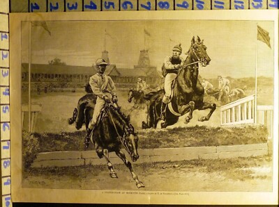 1885 STEEPLE CHASE MONMOUTH PARK SPORT HORSE EQUESTRIAN JUMP WOOD BLOCK J57