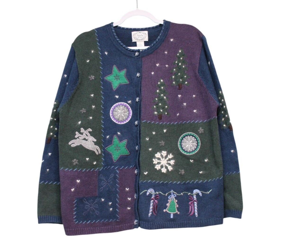 Vintage 90s Holiday Cardigan Sweater Large Ramie Colorblock 