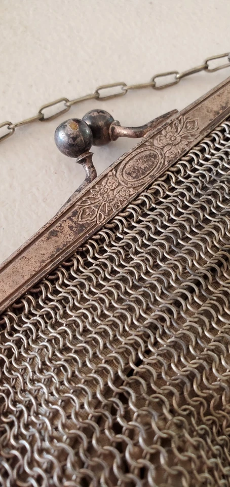 Antique Mesh Purse German Silver Chain Handle Dangling Tassel Original Lining - Image 2 of 4