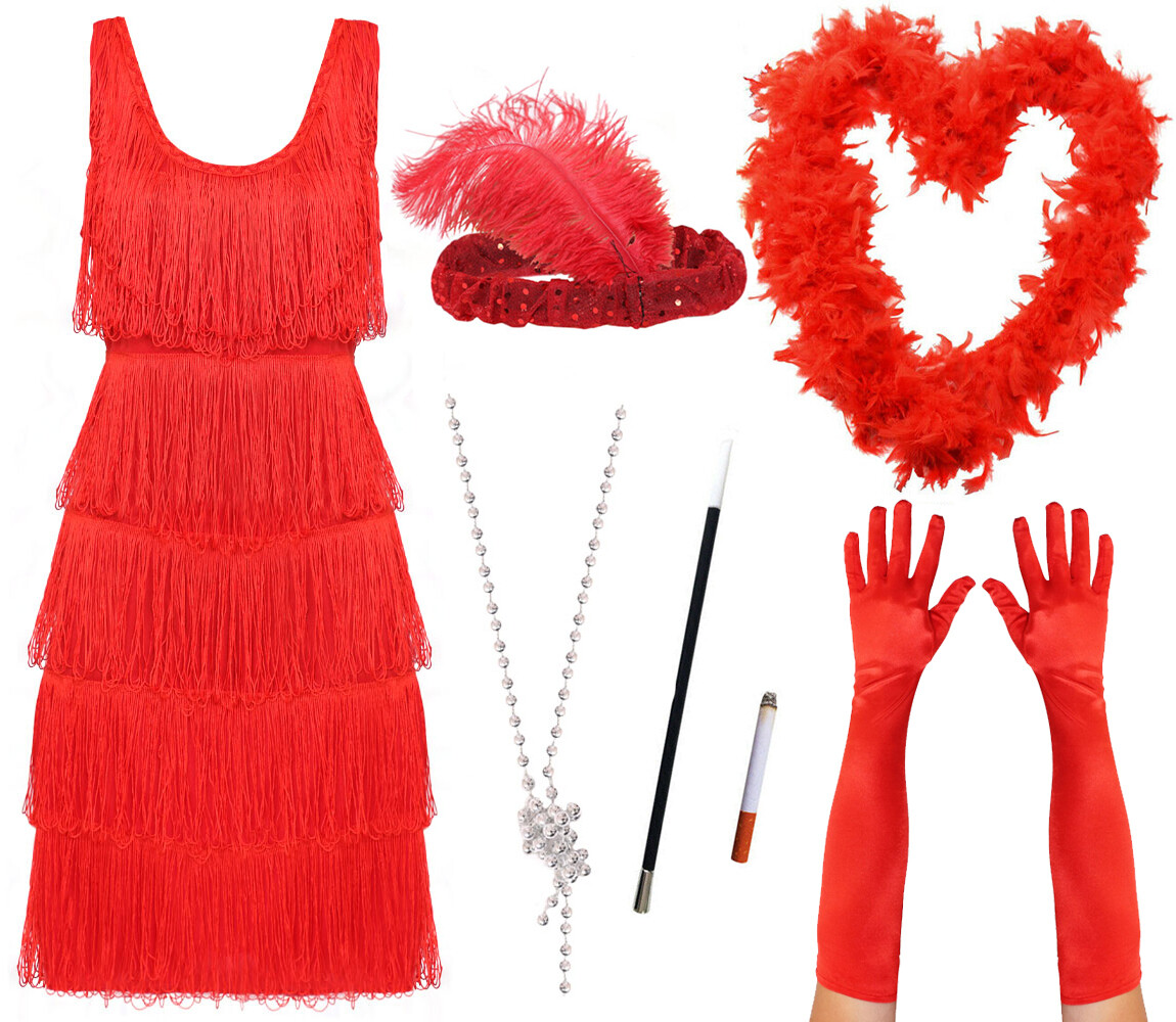 LUJOSO VESTIDO DE LUJO CON FLAPPER ROJA DISFRAZ DE FLECOS CHARLESTON AÑOS 1930