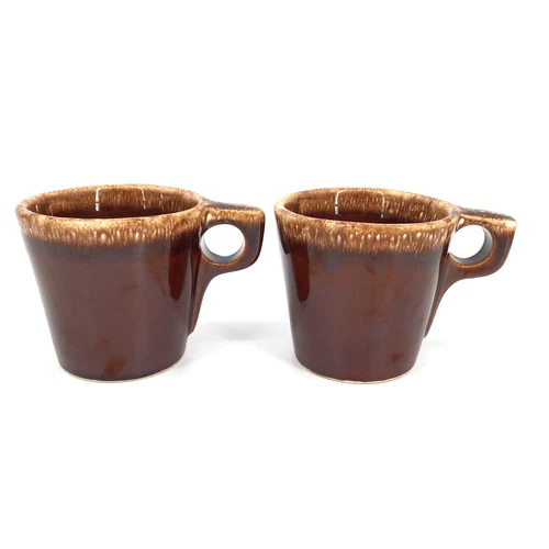 Vintage Hull USA Oven Proof Mugs Brown Drip Glaze Round Handle Set of 2