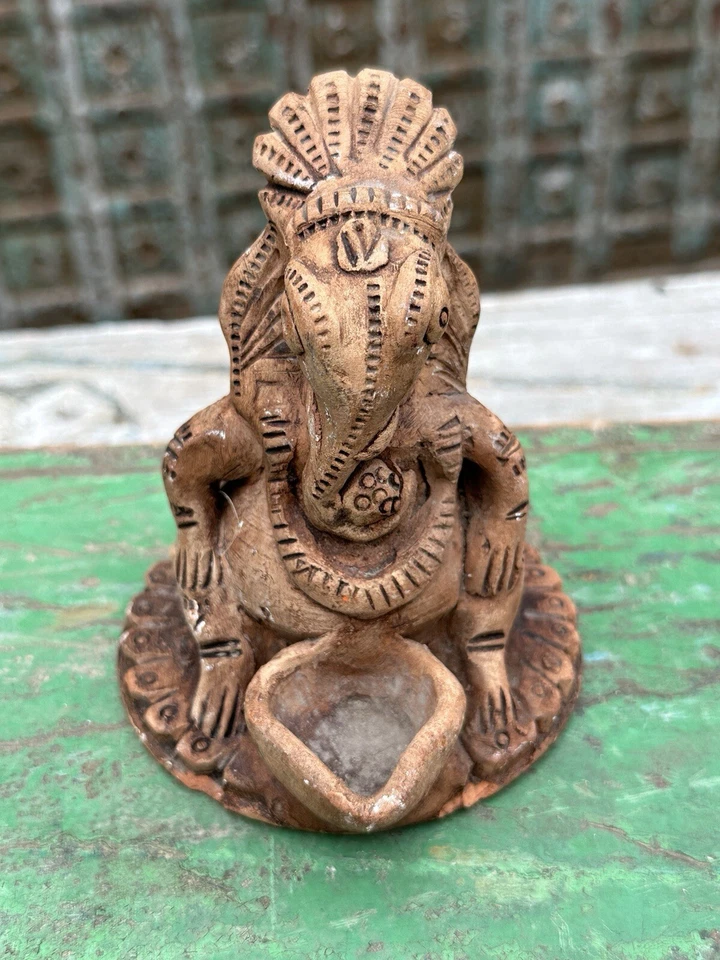 Antigua escultura de dios hindú Ganesha Ridhi hecha de arcilla finamente tallada rara Foto 4 de 4