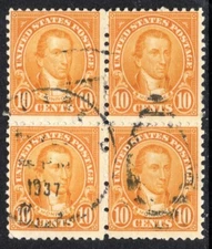 US Stamp Scott #562, 10c, Monroe, Block of 4, Used