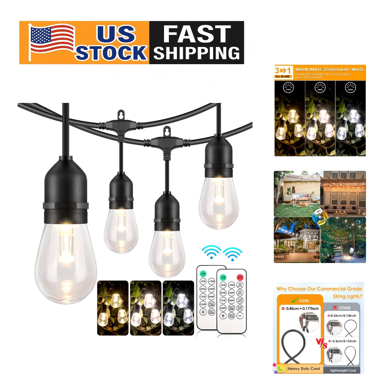 Elegant 48FT Outdoor String Lights with Remote - Waterproof & Dimmable LED Bulbs