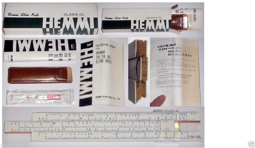Hemmi 74 bamboo 6" imperial Reitz slide rule Made c.1966 + instructions & wallet