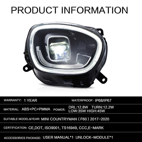 VLAND Headlights Fit Mini Cooper Countryman F60 2017-2020 LED DRL W/Animation *2 - Picture 3 of 13