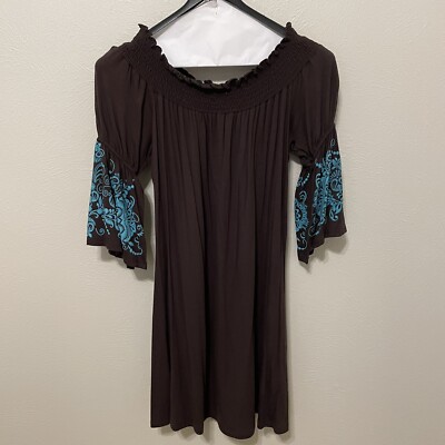 Brown Dress Off Shoulder Embroidery Turquoise Detail Size L New with Tags