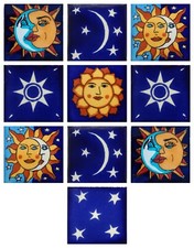 10 Mexican Talavera Ceramic Tiles 2x2" Sun and Moon Designs Handmade Folk Art