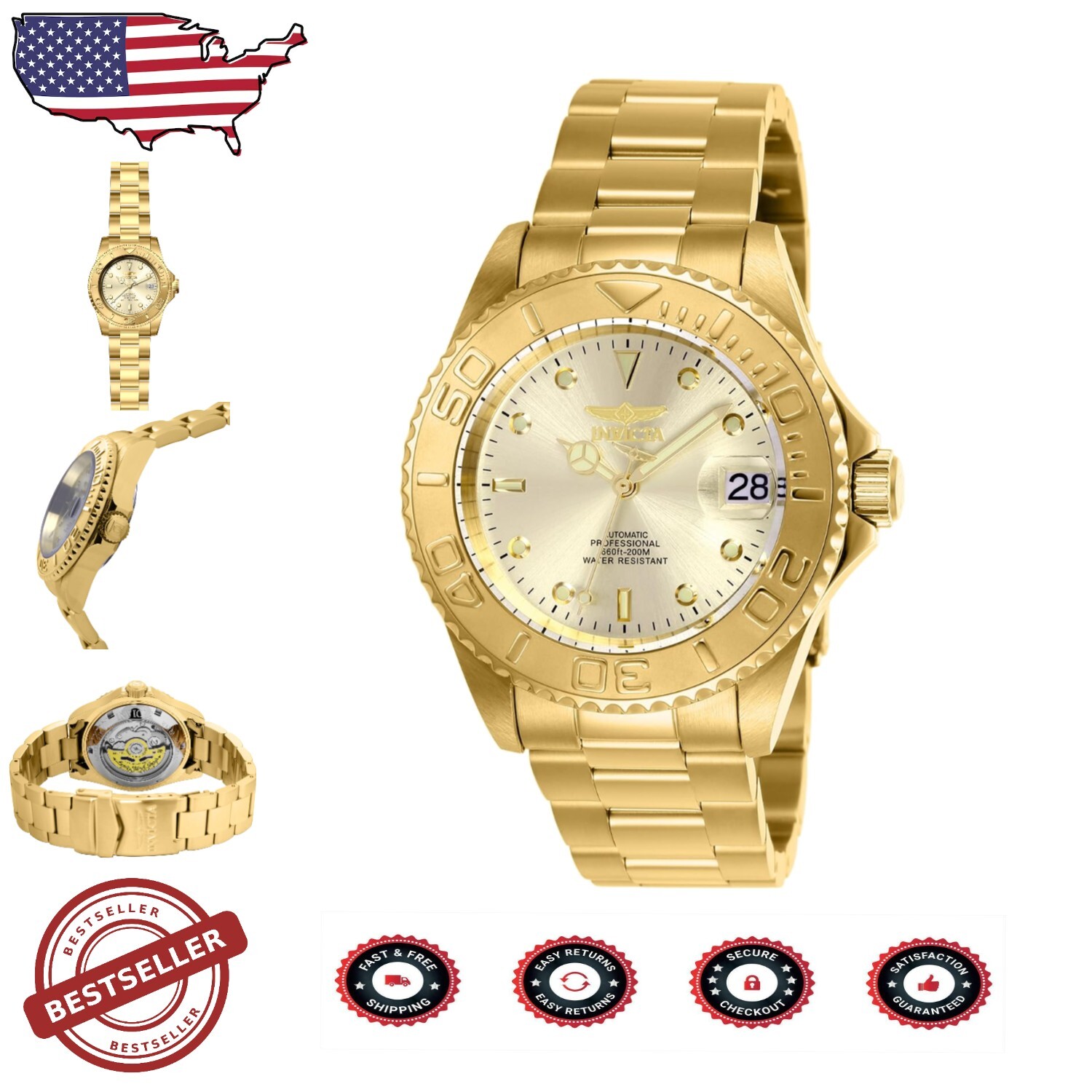 Automatic Men's Watch with Champagne Dial & Secure Fold-Over Clasp - Gold Finish