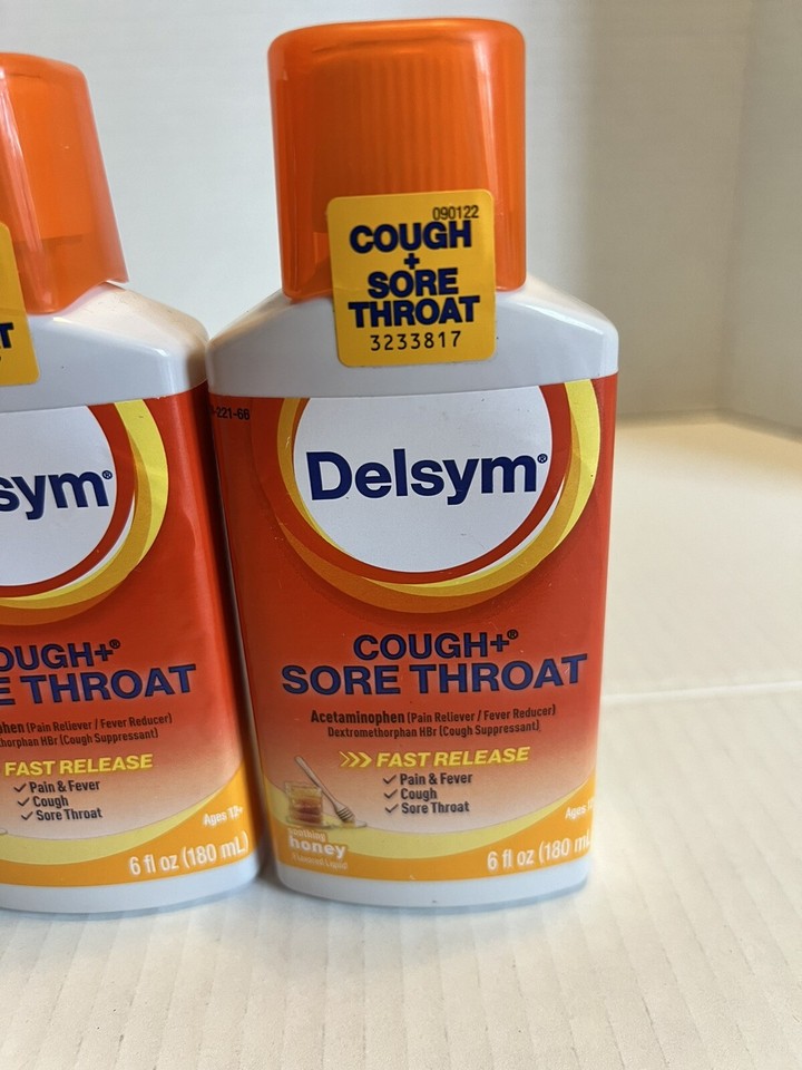 2 Pack🔥Delsym Cough + Sore Throat Liquid Honey Flavor 6 oz Exp 11/