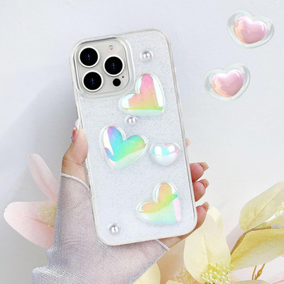 Compatible with  16 Pro Max Bling Case Laser Colour 3D Crystal Love Heart Pearl