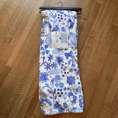 Peter Rabbit Beatrix Potter Soft Plush Throw Blanket 50x70 Blue White Whimsical