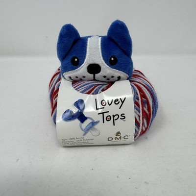 DMC Lovey Tops Bulldog Baby Knitting Pattern Red White Blue Variegate Yarn Puppy
