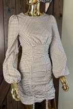 STONE GINGHAM RUCHED LONG SLEEVE BODYCON DRESS SIZE 4