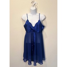 Victoria's Secret Royal Blue Satin Sheer Babydoll Chemise Lingerie Nightie L