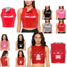 US Women Glossy Leather Crop Top Sleeveless Corset Zippers Adult Lingerie Vest