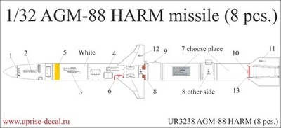 1:32 Decal AGM-88 HARM Raketen (8 Stück) (FFA) - UpRise Decal UR3238