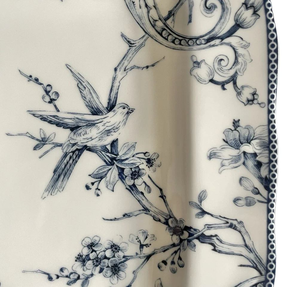 222 FIFTH ADELAIDE BLUE SQUARE 11” DINNER PLATE Set of 2 NEW FLOWER BIRD DESIGN - Image 3 of 4