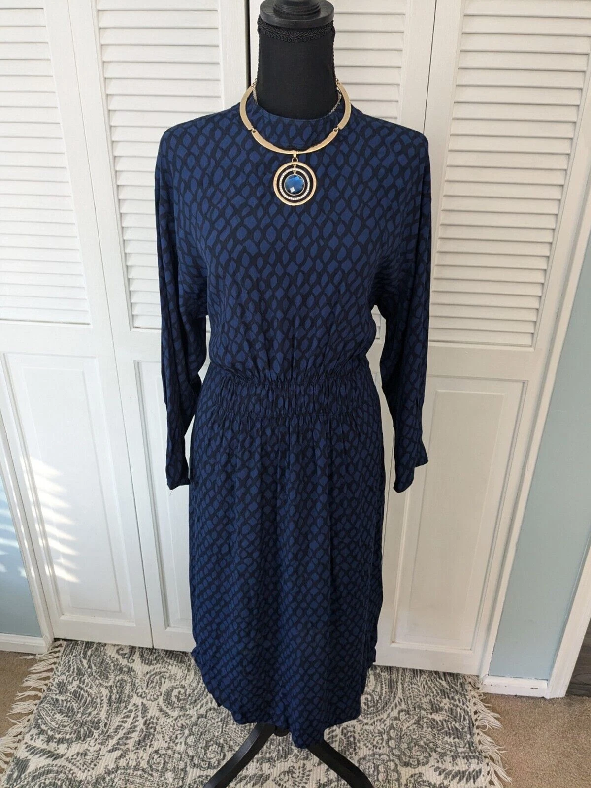 Kin John Lewis Dress Women US 8 Smock Artisan Lagenlook Blue Black Midi Cottage