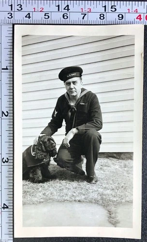 WW2 Era Sailor Military Man Uniform Spaniel Dog Pet Old BW Photo Snapshot