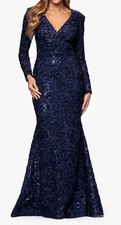 Xscape 7199X Sequin Soutache Long Sleeve Gown SZ 6 Navy