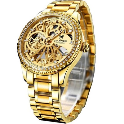 Luxury Gold Automatic Mechanical Watch for Men - Skeleton Dial with Mock Tour...