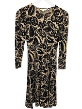 Boden Long Sleeve Floral Print Dress Black Beige Midi Size UK 6 Petite