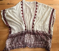 CHICO S Beige Cherry Red Embroidered Linen Kimono Sz S/M Women Boho Casual AL11