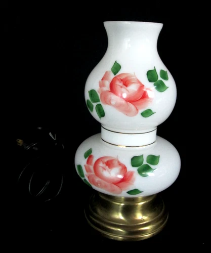 Vintage Milk Glass Hand Painted Roses Bedside Stand Hurricane Style Lamp 11" H