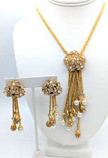 Vintage Necklace Earrings SET Rhinestone Tassel Glass Pearl Hobe Style (READ)