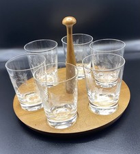 Cherry Wood Shot Glass Holder With 6 Glasses - Leaf Pattern - No chips or cracks
