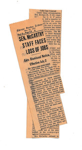 Sen. McCarthy's Staff Faces Job Loss Removed from Senate Payroll May 26, 1957