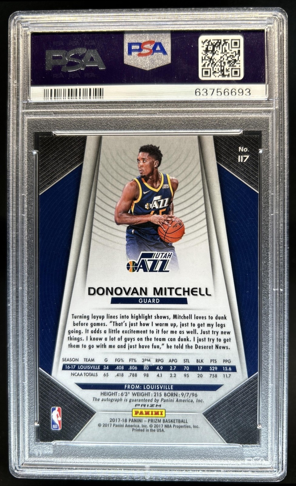 2017-18 Panini Prizm Donovan Mitchell Auto RC Silver Rookie #117 Jazz PSA 10/10 view 2