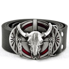 Mens Western Genuine&PU Leather Steampunk Bullhead Shape Buckle Men Cowboy Belt