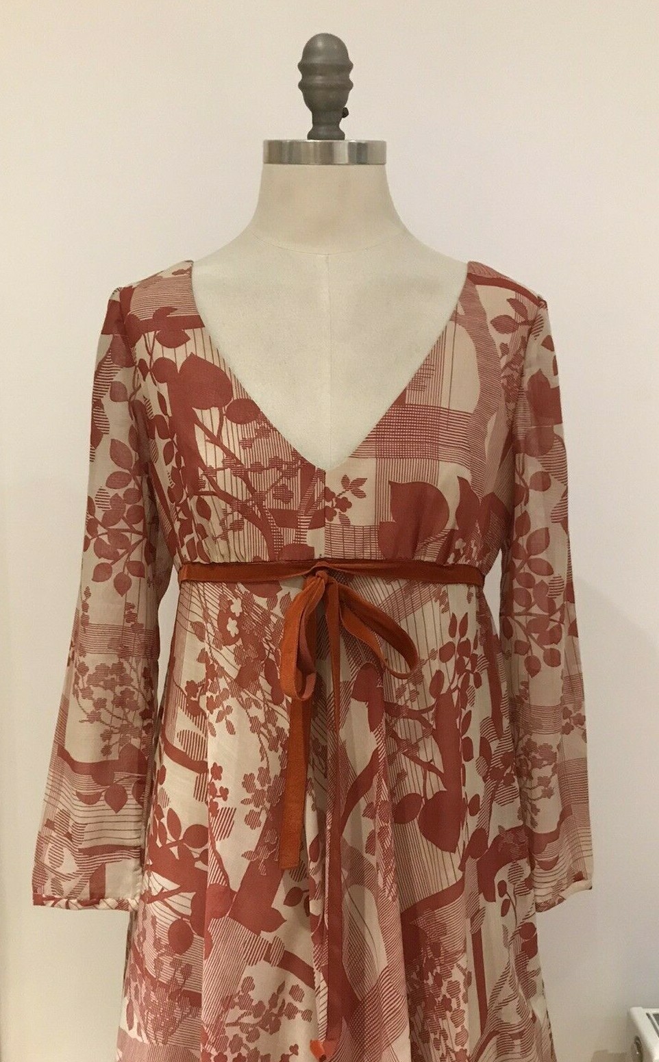 Rare Bias Cut Vintage "Marisa" Rust/Beige Dress Circa 1974, Bust 35.5" 2