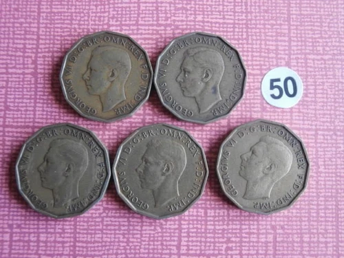 George VI 6th  Three pence 1937-1943 x 5 coins
