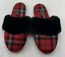 Victoria's Secret Women's Signature Satin Fur Slippers Size S Red Black Plaid