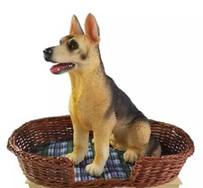 German Shepherd Dog Resin Figurine 9" tall w/ Wicker Bed