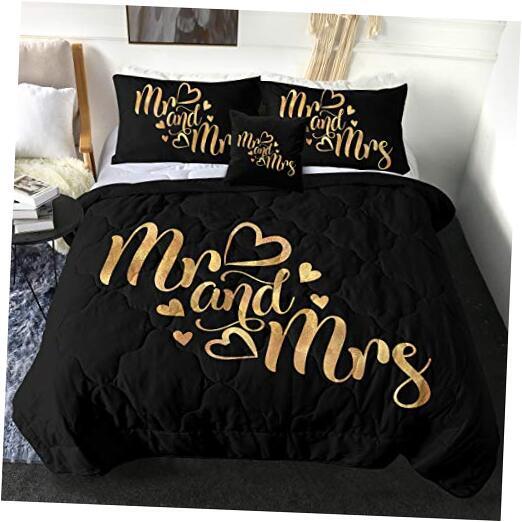 His and Hers Comforter Set Size Mr Mrs Bedding for Couple King Golden Letters