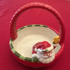 Vintage Fitz & Floyd Holiday Folk Ceramic Santa Basket With Handle Christmas