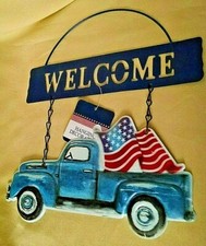 WELCOME SIGN NEW METAL HANGING DECORATION BLUE PICKUP TRUCK AMERICAN FLAG NWT.